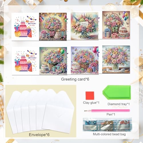 Tontut 6 Pieces Diamond Art Painted Greeting Cards, Flower Basket Gift Butterfly 5D DIY Special Shape Diamond Card Creative Gifts, Christmas Thanksgiving Greeting Card Congratulation - Image 3