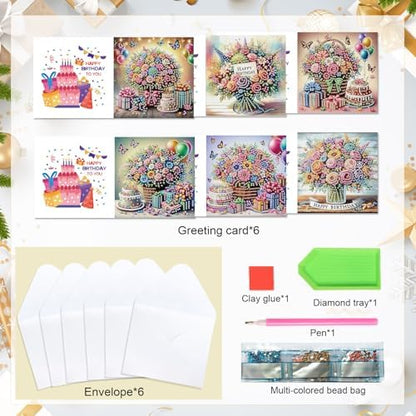 Tontut 6 Pieces Diamond Art Painted Greeting Cards, Flower Basket Gift Butterfly 5D DIY Special Shape Diamond Card Creative Gifts, Christmas Thanksgiving Greeting Card Congratulation - Image 3