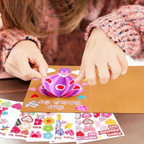 ceiba tree Valentine's Day Crafts for Kids Cards Making Kits 12 Pcs DIY 3D Hot Air Balloon Bouquet Greeting Card with Cutouts Sticker and Envelopes Bulk for Classroom Activities Party Favors - Image 5