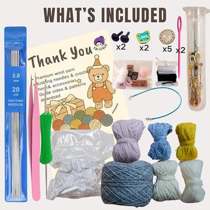Yarnique Wool Bear Knitting Kit – Real Wool Amigurumi Kit for Adults with Video Tutorials | DIY amigurumi Crochet & Knitting Kit with Tools | Holiday Gift Craft Set (Birthday Bear) - Image 2