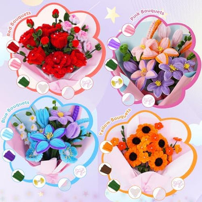 900 PCS Pipe Cleaners Craft, Pipe Cleaner Bulk Flower Kit 14 Colors Chenille Stems Flower Making Kit with Greeting Card, Floral Wires, Tape, Stamen, Floral Wrapping Paper & Ribbon for Art DIY Flowers - Image 5
