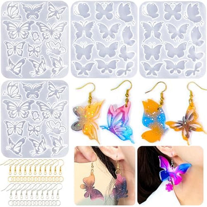 JHYlilia 24 Pairs Butterfly Resin Earring Molds, Butterfly Silicone Jewelry Resin Molds with 200Pcs Ear Hooks & Jump Rings, DIY UV Epoxy Resin Casting Kit for Earrings Pendants Keychains by JHYlilia