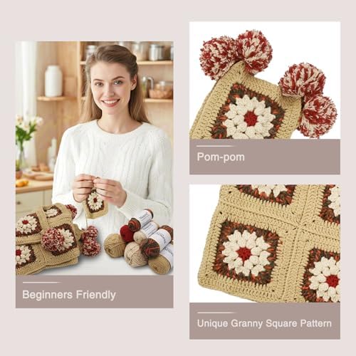 Noocro Complete Crochet Kit for Pom-Pom Granny Square Scarf Hood, DIY Yarn Kit, Detailed Instructions, Step by Step Video Tutorial, Beginner-Friendly, Intermediate Crocheter Craft Set (Roma Khaki) - Image 4