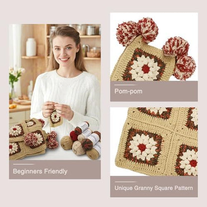 Noocro Complete Crochet Kit for Pom-Pom Granny Square Scarf Hood, DIY Yarn Kit, Detailed Instructions, Step by Step Video Tutorial, Beginner-Friendly, Intermediate Crocheter Craft Set (Roma Khaki) - Image 4