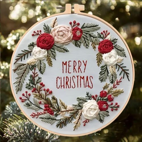 Huacan Embroidery Kits for Adults Beginner DIY Cross Stitch Stamped Christmas Pattern Stitching Wreath Sewing Kit 1 Piece 7.8 x 7.8 Inch - Image 4