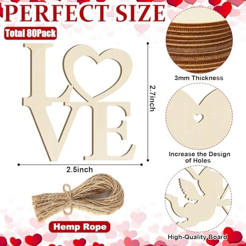 80PCS Wooden Heart Ornaments to Paint Valentine's Day Craft,10 Styles DIY Blank Unfinished Wood Heart Cutouts Ornament for Crafts Spring Tree Hanging Decorations Love - Image 7