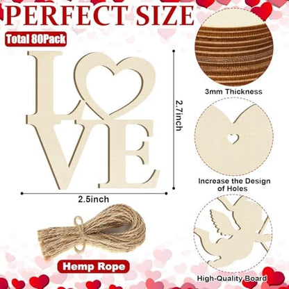 80PCS Wooden Heart Ornaments to Paint Valentine's Day Craft,10 Styles DIY Blank Unfinished Wood Heart Cutouts Ornament for Crafts Spring Tree Hanging Decorations Love - Image 7