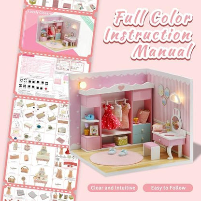 Kisoy Dollhouse Miniature with Furniture Kit, DIY 3D Wooden DIY House Kit A Corner of a Small Apartment Style with Dust Cover & LED,Handmade Tiny House Toys for Adults Gift（Cloak Room） - Image 4