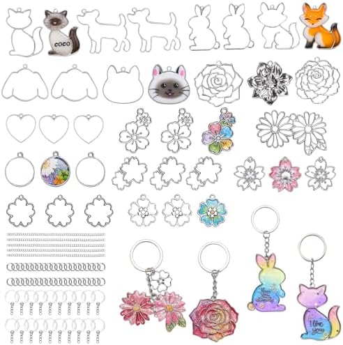 LET'S RESIN Keychain Molds 37Pcs, Silver UV Resin Molds for Beginners, Open Bezel Flower & Animal Molds for Keychain, Jewelry & Pendant Making by LETSRESIN