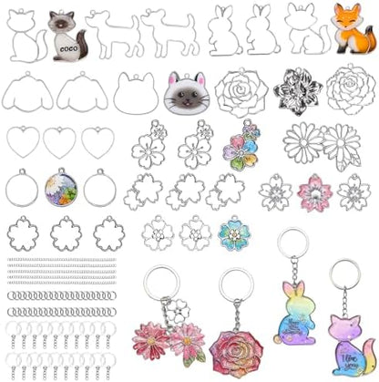 LET'S RESIN Keychain Molds 37Pcs, Silver UV Resin Molds for Beginners, Open Bezel Flower & Animal Molds for Keychain, Jewelry & Pendant Making by LETSRESIN