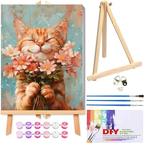 Cat Paint by Numbers Kit for Adults with Framed Canvas&Wooden Easel, DIY Acrylic Paint by Numbers Kits on Canvas, Cat with Flower Drawing Paintwork Arts and Crafts for Home Wall Decor 12x16inch by Clendo