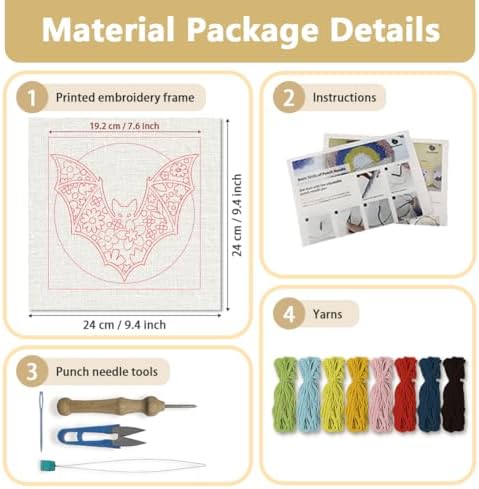 DOODLREAM Flower Bat Full Moon Needle Kit for Beginner, 9.4"x 9.4" Cartoon Halloween Punch Stitching Craft Set, DIY Embroidery Starter with Printed Frame, Instruction, Threader, Yarn, Punch Needle - Image 2