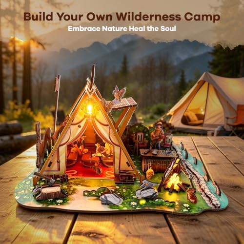 Wild Camping Miniature House Kit, 195PCS DIY Wooden Model Kit with LED Light,3D Wooden Puzzle Craft Home Decor, Gift for Teens & Adults 14+ - Image 3