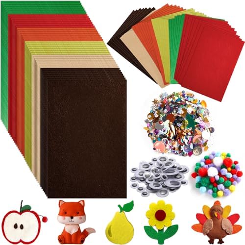 42Pcs Fall Felt Fabric Sheets 8 x 12 Inch Autumn Yellow Orange Assorted Soft Thick Felt Pack with Wiggle Google Eyes Pom Poms Glitter Patchwork for Thanksgiving DlY Sewing Creative Art Project Decor by gisgfim