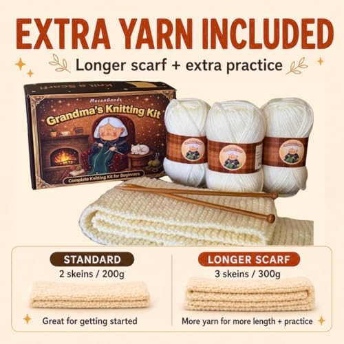 MaconGoods Grandma's Knitting Kit - Longer Scarf Kit - Complete Knitting Kit for Beginners - Includes Beginner Yarn, Bamboo Needles, Video Tutorial & Guide - Easy to Learn Knit Kit - Image 2