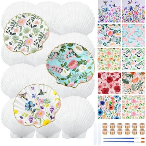 Kalaxy47 12 Sets Natural Scallop Shells for Crafts, 4-5 Inch Large Seashells with Decoupage Paper Napkins, Glue & Brushes, Complete DIY Decoupage Kit for Home Decor, Jewelry Tray & Gift Making by Unknown