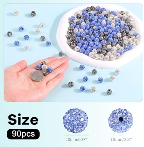 90pcs 10mm Rhinestone Beads for Jewelry Making, Hematite+White+Light Blue Shiny Round Shamballa Disco Beads, Sparkle Crystal Clay Christmas for Bracelet Baseball Necklace Earring and DIY - Image 3