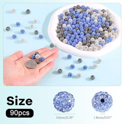 90pcs 10mm Rhinestone Beads for Jewelry Making, Hematite+White+Light Blue Shiny Round Shamballa Disco Beads, Sparkle Crystal Clay Christmas for Bracelet Baseball Necklace Earring and DIY - Image 3
