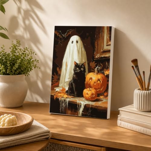 Spandrel Halloween Ghost Framed Paint by Numbers Kit for Adult, Black Cat Paint by Number Kits on Canvas, DIY Acrylic Oil Pumpkin Painting by Numbers for Home Wall Decor, 8x12in - Image 4
