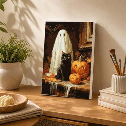 Spandrel Halloween Ghost Framed Paint by Numbers Kit for Adult, Black Cat Paint by Number Kits on Canvas, DIY Acrylic Oil Pumpkin Painting by Numbers for Home Wall Decor, 8x12in - Image 4