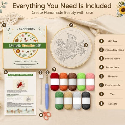 CYANFOUR Punch Needle Kit for Beginners, Red Bird Punch Needle Kits Adults, Craft Kits for Adults with 2 Pre-Printed Fabrics, Embroidery Hoop, Threads, DIY Gift and Home Decor 20 * 20cm - Image 2