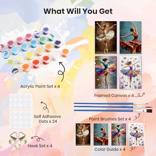 HEIBAGO 4 Pack Framed Paint by Numbers Kit for Adults Beginner, Adult Paint by Number Kits Dancing Girl, Ballerina DIY Paint by Numbers for Adults,Small Easy Acrylic Oil Painting for Wall Decor 8x12In - Image 3