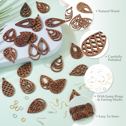 Elecrelive DIY Dangle Earrings Kits 11 Pairs Teardrop Walnut Wood Pendants Natural Wood Earring Blanks with Hooks for DIY Craft Jewelry Making - Image 2