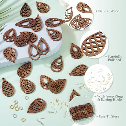 Elecrelive DIY Dangle Earrings Kits 11 Pairs Teardrop Walnut Wood Pendants Natural Wood Earring Blanks with Hooks for DIY Craft Jewelry Making - Image 2