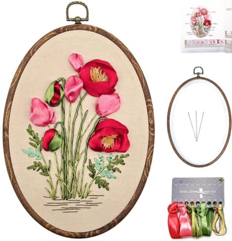 FONNUY Ribbon Embroidery 3D Flowers Pattern Design Kit Embroidery DIY Handwork Set Oval Home Decoration (Red Rose) by FONNUY
