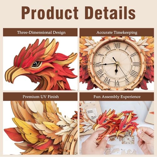 3D Puzzles for Adults, Phoenix Wall Clock 3D Wooden Puzzles Clock Kits for DIY Birthday Gift for Women Men Home Decor Holiday Christmas - Image 3