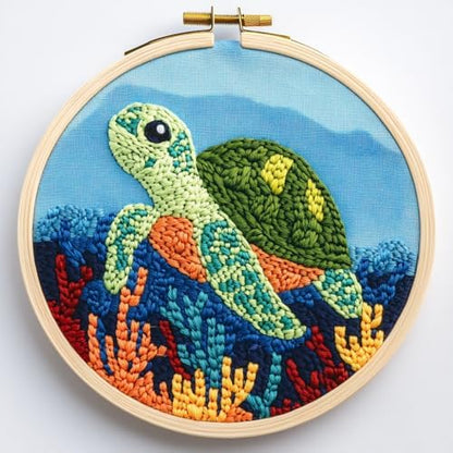 DIY Punch Needle Kits Green Sea Turtle with Hoop 20x20cm-1 by Unknown