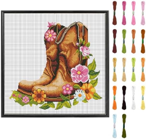 FREEBLOSS DIY Cross Stitch Wall Hanging Kit Boots Full of Flowers Stamped Cross Stitch Wall Painting Retro Style Cross Stitch Home Wall Art Cross Stitch Starter Kit for Beginners with Instruction by FreeandCreativeCraftsArt