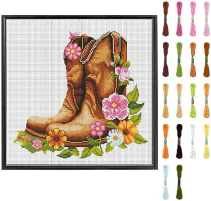 FREEBLOSS DIY Cross Stitch Wall Hanging Kit Boots Full of Flowers Stamped Cross Stitch Wall Painting Retro Style Cross Stitch Home Wall Art Cross Stitch Starter Kit for Beginners with Instruction by FreeandCreativeCraftsArt