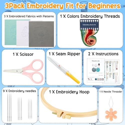 Ponpon 3 Sets Embroidery Kit for Beginners, Embroidery Kit for Adults with Follow Instruction, Cross Stitch Kits with Wooden Embroidery Hoops (Stlye C) - Image 2