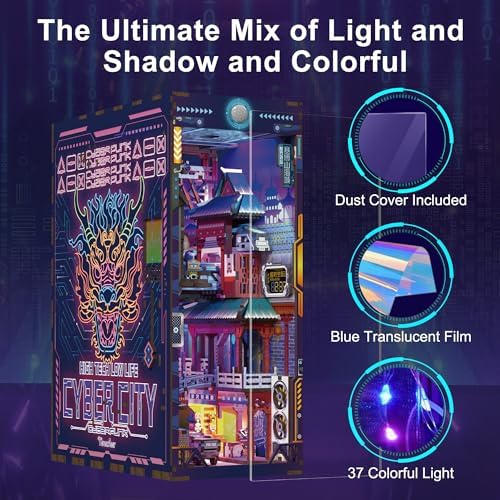 Tonecheer DIY Book Nook Kit for Adults, Wooden 3D Puzzle Bookend Bookshelf Insert Decor, Cyber Punk Booknook Miniature House Kit with Dust Cover and Body Motion Sensor LED (Cyber City) - Image 6