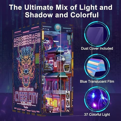 Tonecheer DIY Book Nook Kit for Adults, Wooden 3D Puzzle Bookend Bookshelf Insert Decor, Cyber Punk Booknook Miniature House Kit with Dust Cover and Body Motion Sensor LED (Cyber City) - Image 6