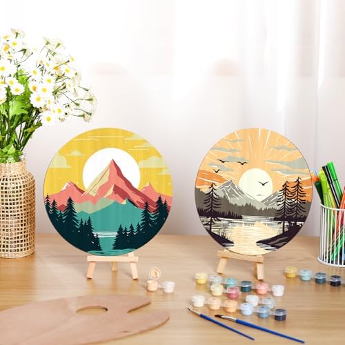 Faccito 4 Pack Wooden Landscape Paint by Numbers Kit for Adults Beginners 8 Inch Unfinished Round Wood Board Acrylic Paint Nylon Brush Hook Distant Mountains Sunset Lake DIY Crafts for Home Wall Decor - Image 4