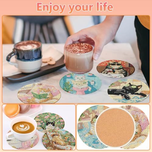 8 Pcs Cat Diamond Art Coasters Kit for Adults, Diamond Painting Coasters - Image 4