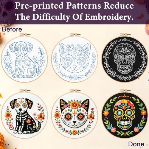 Nuberlic 3 Pack Sugar Skull Embroidery Kit for Beginners, Day of the Dead - Image 5