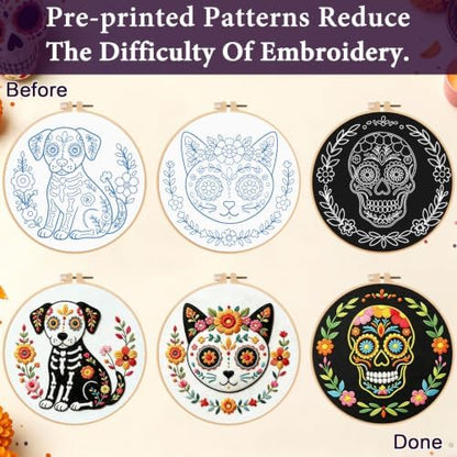Nuberlic 3 Pack Sugar Skull Embroidery Kit for Beginners, Day of the Dead - Image 5