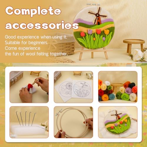 QMNNMA Needle Felting Kit for Beginners, Needle Felt Painting Kit with Picture Frame, Foam Pad, Felt Cloth, and Instructions, Flowers Wool Felting Kit Used for Home Decoration, Art Craft - Image 6