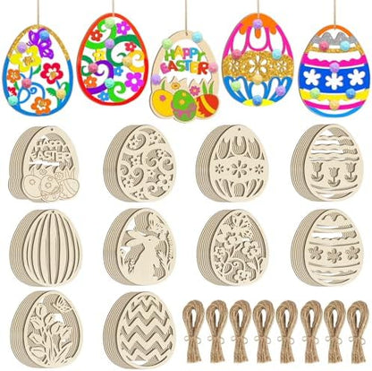 80PCS Wooden Easter Ornaments to Paint, 10 Styles DIY Blank Unfinished Wood Egg Cutouts Ornament for Crafts Hanging Decorations Happy Easter Hallow Egg Rabbit Bunny Butterfly Flower Hen by Sophena