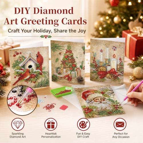 NUOFIX 12 PCS Diamond Art Christmas Cards with Envelopes, Christmas Crafts for Adults, Diamond Painting Kits for Card Making, Holiday DIY Kits (Brown) - Image 5