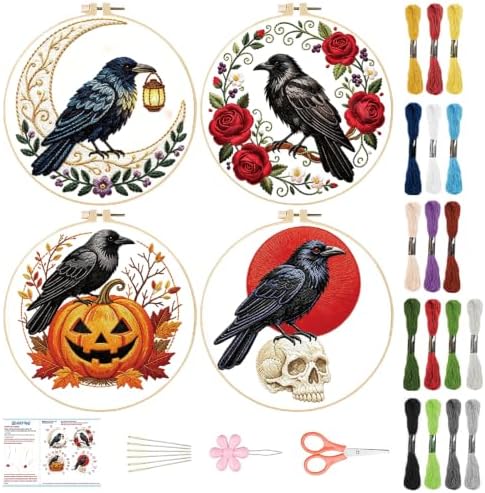 BEUNITONE 4 Set Halloween Embroidery Kits for Beginners, Crow Design with Pre-Stamped Pattern Craft Kits Include Instruction and Hoops, 7.9"x7.9" Needlepoint Kits for Festival Gifts and Home Decor by BEUNITONE
