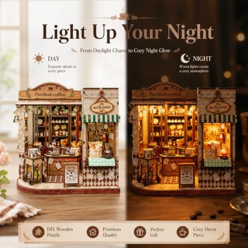 Book Nook DIY Miniature House Kit, 3D Wooden Puzzle Coffee House Dollhouse with Light & Tools, Creative Bookshelf Insert Craft Gifts for Adults Teens (Pavilion Coffee House) - Image 6
