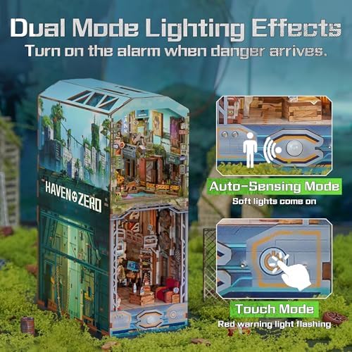 Tonecheer DIY Book Nook Kit for Adults, Wooden 3D Puzzle Bookend Diorama Bookshelf Insert Decor Fancy Books, Booknook Miniature House Kit with Dust Cover and Sensor LED (Haven Zero) - Image 4