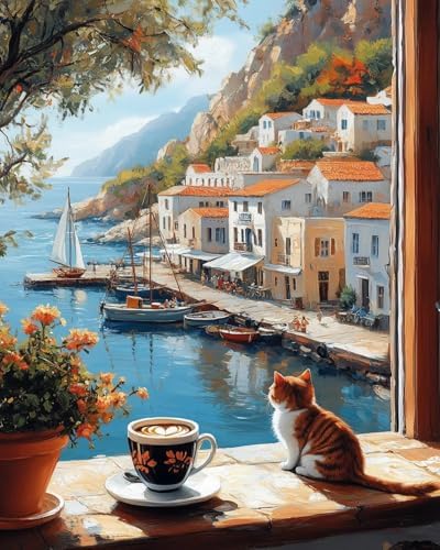 Possoco Paint by Numbers Kit for Adults Beginner Cat, Seaside Landscape Easy Adult Paint by Number Kits on Canvas, DIY Acrylic Number Painting for Adults Teens for Home Decor 16x20 Inch by Unknown