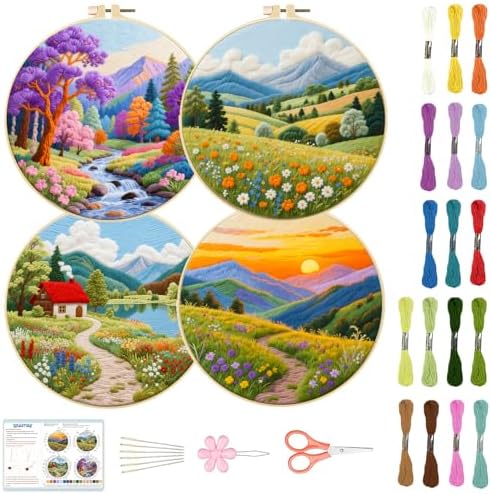 BEUNITONE 4 Set Fairy Tale Landscape Embroidery Kit for Beginners 7.9"x7.9" Pre-Stamped Pattern Needlepoint Kits with Hoop, Tools & Instruction, Handamde Embroidery Kits for Fabric and Home Decor by BEUNITONE