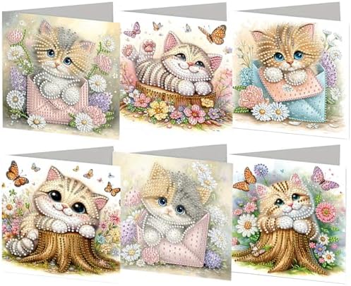 6pcs Cat and Flowers Diamond Art Painting Greeting Cards Kit with Envelopes, 5D DIY Special Shaped Card Making Kits for Adults, Holiday Birthday Postcards, Creative Craft Gifts by Unknown