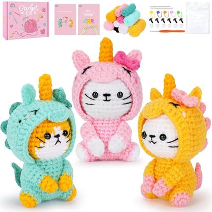 Crochet Kit for Beginners - 3 PCS Unicorn Cat Crochet Kits with Step-by-Step Video Tutorials, Beginner Crochet Kit for Adults, Crochet Animal Kit for Starters, Cat Dressed as Unicorn Set by FortuningsJDS